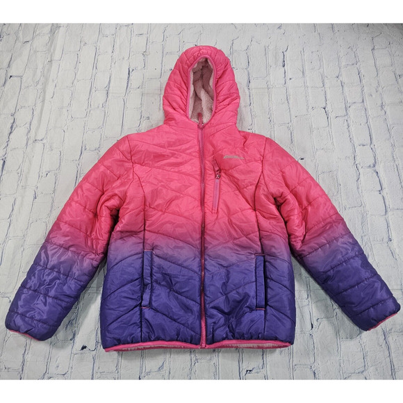 Eddie Bauer YOUTH L Reversible Pink Purple Ombre Zip Insulated Hooded Jacket - Picture 1 of 14